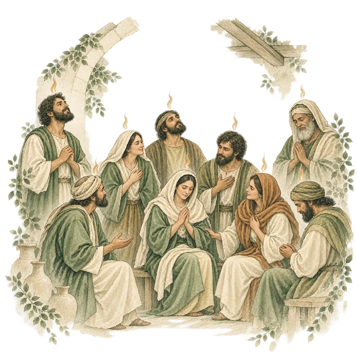 An ink and watercolour sketch of the disciples gathered at Pentecost, with tongues of flame above them.