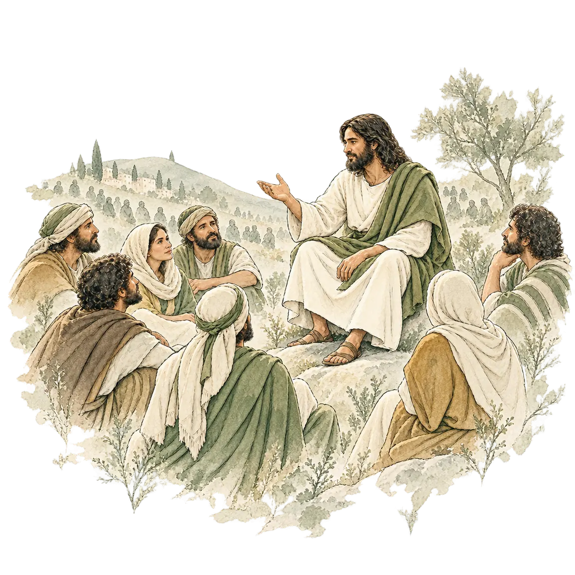 An ink and watercolour sketch of Jesus teaching listeners on the hillside during the Sermon on the Mount.