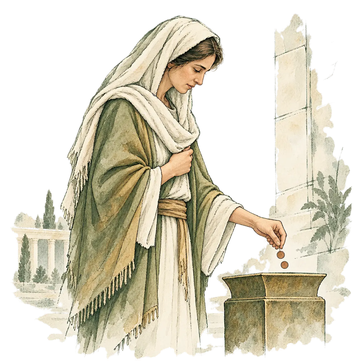 An ink and watercolour sketch of the widow placing her two small coins into the temple treasury.